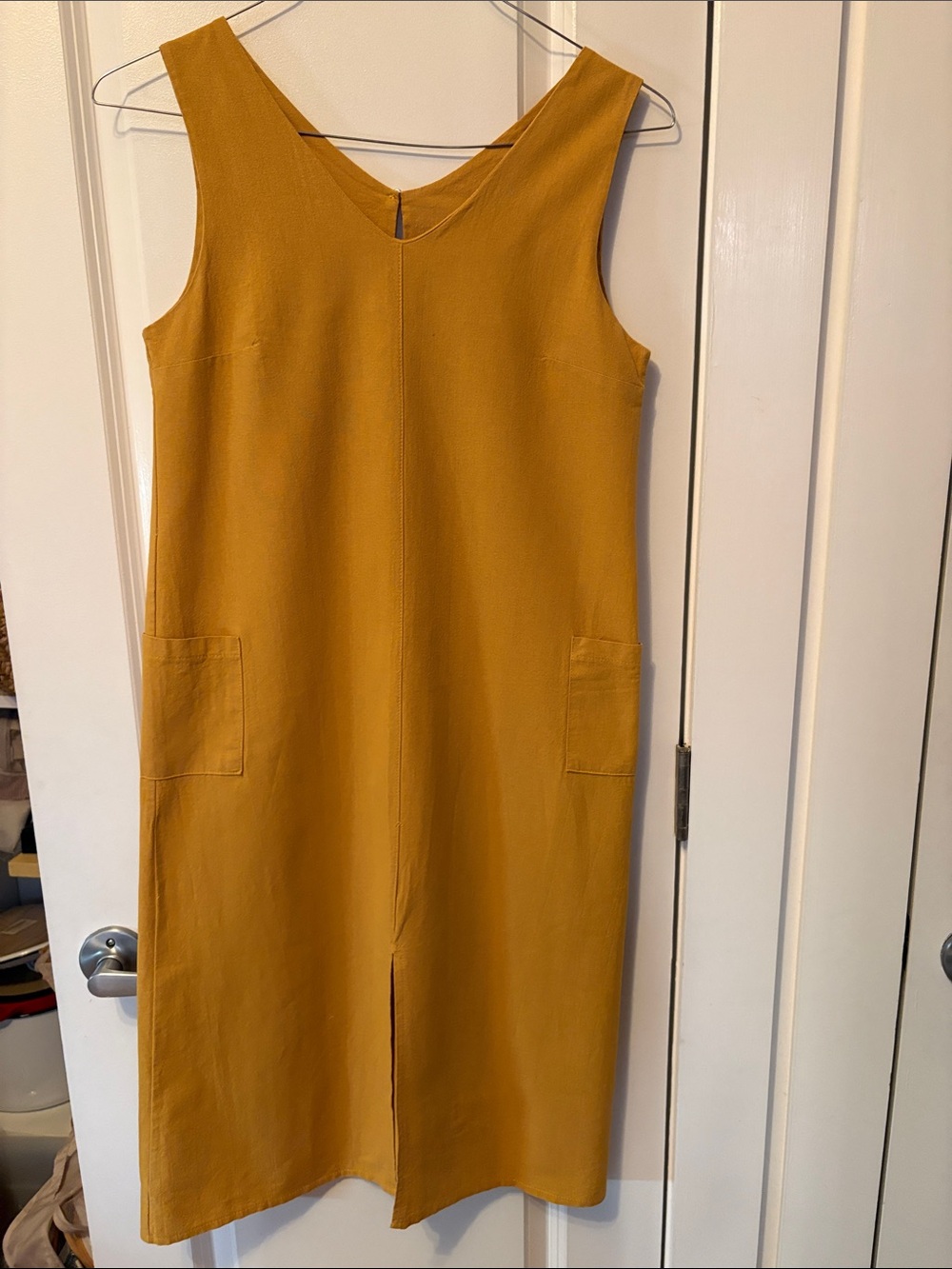 Sleeveless CottonMustard Shift Dress with Front Slit